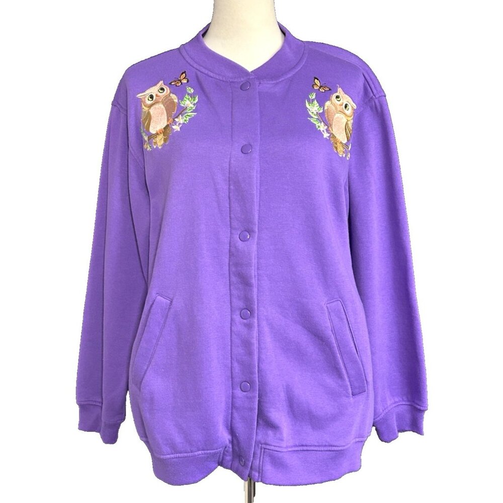 Vintage Tudor Court Women Large Fleece Jacket Embroidered Owls Purple Pockets - Picture 2 of 13